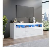 160 * 35 * 60cm armoire TV haute brillance avec éclairage LED, 3 compartiments ouverts, 2 portes, 2 tiroirs, contrôle intelligent