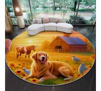 160 cm Tapis Rond Campagne Animaux Ferme Tournesols, Coloré Imitation Cachemire Douce Tapis Circulaire Imprimé Antidérapant Lavable pour Salon Chambre Cuisine Salle à Manger