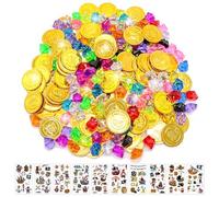 160 Pièces Trésor Pirate, 50 Pièces Pièces d'or pour Enfants, 100 pièces de Pierres précieuses de Pirate, 10 Autocollants Pirates, Decoration Anniversaire Pirate, Chasse au Tresor Enfant Anniversaire