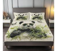 160 x 200 cm Drap Housse Microfibre, Pandas Bambou Oiseaux Imprimé Parure De Lit Doux Élastique Drap Housse 30 cm Profonde pour Matelas Epais - sans Plis - Convient à Toutes Les Saisons, Crème