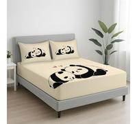 160 x 200 x 30 cm Minimaliste Dessin Animé Pandas Cœur Drap Housse de Matelas, Feuille de Matelas 30 cm (12"), Antidérapants Résistant aux Rides Drap Housse en Microfibre Beige