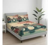 160 x 200 x 30 cm Traditionnel Oriental Pont Fleur De Prunier Drap Housse de Matelas, Feuille de Matelas 30 cm (12"), Antidérapants Résistant aux Rides Drap Housse en Microfibre Bleu-Vert