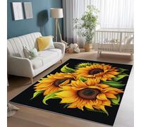 160 x 230 cm Tapis Salon Lavable en Machine Jaune Noir, Plantes Peinture À l'huile Tournesols Fleurs Tapis Rectangulaire Intérieur Antidérapant Pile Courte et Douce Doux pour Chambre Bureau