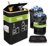 160L Poubelle Recyclage, 2 Compartiments Poubelle Tri Selectif avec 2 Sac de Transport, Collecteur de Bouteilles avec Couvercle Pour Plastique, Bouteilles Verre, Poubelle de Tri pour Cuisine, Noir