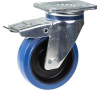 160mm swivel/brake castor with blue elastic rubber on nylon centre wheel