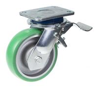 160mm swivel/brake castor with green convex elastic polyurethane on cast iron ce
