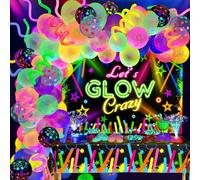 161pcs Décoration de Fête Néon Lueur Deco Fluo Fournitures Neon Glow Party Sculpture Ballon Fluorescent Nappe de Table Let’s Glow Toile de Fond Disco Decoration Anniversaire pour Fille Garcon Adulte