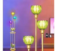 165cm Lampadaire Intelligent RGB avec Étagères E27, Lampe Sur Pied de Salon avec Abat-jour Verre & Pédale, Compatible avec Alexa & Google Assistant, Design Verte Fleurs, pour Salon & Chambre