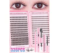 168 extensions de cils naturels type D, 168 extensions de cils en grappes, 9-12 mm fines, extensions de cils personnelles avec colle et œil noir scellé, pince à cils attachée, DIY à la maison ABS,Poly