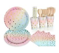 168 Pcs Vaisselle Jetable Anniversaire Fille,Assiette Arc en Ciel,Assiette Gobelets Pailles Cuillère Fourchette Serviettes en Papier Décoration pour 24 Invités,Pinke&blue&gold
