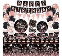 169 PCS Décoration de fête noir et or rose Service de vaisselle noir et or rose Fournitures de fête or rose et noir Fournitures de fête d'anniversaire or rose et noir pour 20 personnes