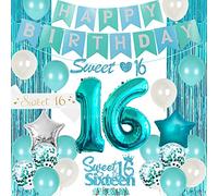 16ème Décorations D'anniversaire pour Fille Teal - Sweet 16 Fête D'anniversaire Fournitures Joyeux Anniversaire Bannière Sweet 16 Sash Cake Topper Turquoise Fringe Rideau Numéro 16 Feuille Ballon
