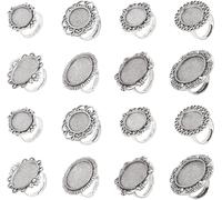 16pcs 8 Styles Argent Antique Réglable Fleur Blanc Cabochon Anneau Paramètres Anneau Plat Anneau Ovale Composants Plateaux De Réglage De Lunette Pour Femmes Bague Diy Fabrication De Bijoux
