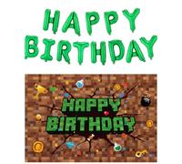 16pcs Bannières d'Anniversaire Pixel, Comprenant Guirlande d'Anniversaire Jeu Vidéo 150x100cm Ballons à Lettres Vertes Paille et Cordon pour Décorations Fête à Thème