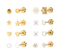 16pcs Boucles d'Oreilles à Vis en Or pour Femme, Mignonnes Motif Fleur Cœur Étoile Clous à Dos Plat Boucles d'Oreilles Cartilage pour Oreilles Sensibles