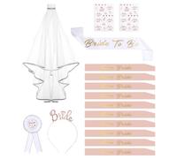 16PCS EVJF Accessoire,Enterrement de Vie de Jeune Fille Accessoire,Kit Écharpe EVJF avec 10 Team Bride Écharpe,2 Tatouage,1 Écharpe Future Mariée,Voile Mariée,Badge,Bandeau Diadème,Déguisement EVJF