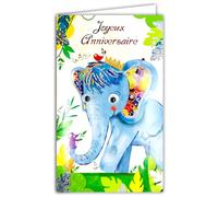 17-6038 Carte avec Enveloppe Joyeux Anniversaire pour Enfant Garçon Fille éléphant Bleu Couronne Roi des Animaux Souris Oiseau qui chante Siffle Coccinelles Illustration Jeunesse - Fabriqué en Europe