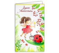17-6052 Carte avec Enveloppe Joyeux Anniversaire pour Enfant Petite Fille Fée Brune avec une Baguette Magique et Ailes Coccinelle Fleurs Rouges Personnages Illustration Jeunesse - Fabriqué en Europe