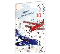 17-6066 Carte Heureux Anniversaire pour garçon - avion - disque age de 5 ans à 10 ans Avec Enveloppe Blanche format 12x19,5cm - Espace blanc réservé à l'écriture