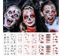 17 Feuilles Tatouage Halloween Enfant pour Visage, Fausse Cicatrice Blessure Araignée Stickers, Deguisement Halloween Fille Garcon Stickers, Vampire Zombie Chucky Costume Enfant Accessoire