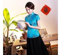 17) Hauts chinois pour femme avec dragon phénix dans une chemise en satin style Tang (S bleu)