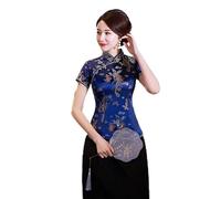 17) Hauts chinois pour femme avec dragon phénix dans une chemise en satin style Tang (S bleu marine)