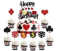 17 Pcs Décoration de gâteau de casino, SANYUANHE Cupcakes brillants Thème de décoration de fête de joyeux anniversaire, dés Red Heart Plum Cubes Las Vegas Entertainment Set