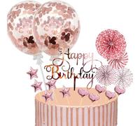 17 PCS Happy Birthday Decoration Gateau Or Rose Gold,Decoration Gateau Anniversaire Fille, Cake Topper Ballon Étoiles Topper Avec Boule de Décoration pour Fille Femmes Fête Décor