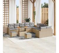 17 Pcs Outdoor Patio Furniture Set, Modular Garden Sofa Sectional with Table and Ottomans, Waterproof Cushions, UV Resistant Synthetic Rattan & Acacia Wood, Beige Light Grey for Terrace Backyard