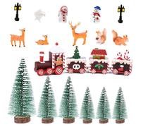 (17 Pcs) Train de Noël en Bois 6 Mini Sapin de Noël 10 Mini Figurines De Noël Mini Arbre Artificiel de Noël Miniature Ornament Cadeau Noël Accessoires Décoration Ornement Centre de Table Noël