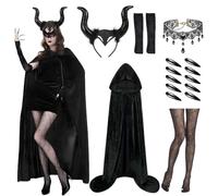 17 pièce Costume de Diable pour Femme,Costume de diable Malefiecent,Deguisement Maleficent avec Diable Noir Bandeau,Cape Noire Capuche avec Collier de Dentelle Gothique Chaussettes Ongles (M-120cm)