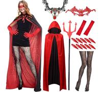 17 pièce Costume de Diable pour Femme, Costume d'Halloween pour Femme, Costumes halloween Femme Demon, Vampire Costumes pour Femmes, Rouge Noir Cape Vampire, Cape de Diable d'hallowee (L-140cm)