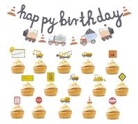 17 Pièces Décorations de Gâteau D'excavatrice, Deco Gateau Tracteur | Avec Guirlande Happy Birthday, Décoration Anniversaire Excavatrice pour Décoration Anniversair Enfant