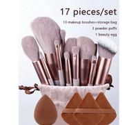 17 pièces Ensemble de pinceaux de maquillage, comprenant 13 pinceaux de maquillage, 3 éponges de maquillage et 1 pièce mélangeur de maquillage, avec un sac de rangement. Pas de pinceau à ombre à paupi