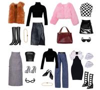 17 Pièces vêtements compatibles avec Barbie, Include 6 Tenues Kit de Gilets Robe en Cuir Tailleur Jupe Veste en Peluche Jupe Longue avec Nœud 4 Accessoires 7 de Chaussures au Hasard