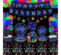 170 Emballage Accessoires de fête fluorescents Set de table fluorescent Ballons fluorescents Bannière d'anniversaire fluorescente Etoiles suspendues Cake Toppers pour 20 personnes