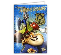 170071 Carte ANNIVERSAIRE DISNEY ZOOTROPOLIS ZOOTOPIE Police Blason Doré Brillant +1 Enveloppe Bleue - guépard Officier Benjamin Clawhauser lapine lieutenant Judy Hopps renard Nick Wilde Pour Garçon