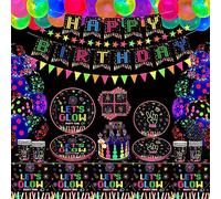 171 PCS Fournitures de Fête Néon Lumineux - Décorations Phosphorescentes Dans Le Noir - Set de Table à Lumière Noire - Assiettes, Bannière, Ballons, Nappes, Guirlande - Pour 20 Personnes