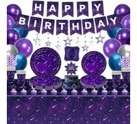 173 Pièces Décoration Galaxie Party Star Accessoires Lila Outer Space Theme Vaisselle Set, Assiettes en Carton, Serviettes, Banner, Cadeaux pour 20 Invités