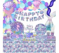 175 Décorations D'Anniversaire En Forme De Sirène : Ballons, Assiettes De Fête, Bannières, Tasses, Nappe Avec Écailles,