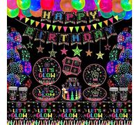 178 Pack Fournitures de fête en néon phosphorescent Décorations de fête phosphorescentes Set de table BlackLight - Assiettes, bannière, ballons fluorescents, nappes néon, serviettes 20 personnes
