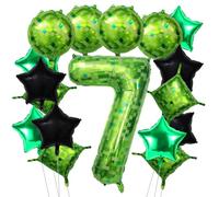 17pcs Ballons Pixelisés Verts, 101cm Ballon Rond Carré en Aluminium Motif Étoile et Chiffre pour Décorations de Fête d'Anniversaire et Fête d'Enfants (Numéro 7)