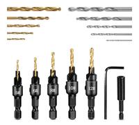 17pcs Jeu de Forets à Chanfreiner, Foret Bois pour Fraise Bois, Forets à Fraiser #4, #6, #8, #10, #12, Tige Hexagonale Réglable 1/4", Menuiserie Foret Conique pour Plastique, Métal Doux