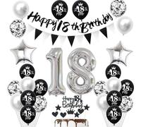18 ans Anniversaire Décoration garcon fille, Noir Bannière 18 ans Anniversaire Guirlande Déco 18 ans Anniversaire fille Ballons argentés 18 ans Anniversaire Décoration gâteau 18 ans garcon fille