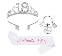 18 Ans Anniversaire Décorations Femme, Silver 18e Tiare et Echarpe pour Les Femmes, 18e Couronne Avec 18 & Fabulous Echarpe 18e Porte-clés Verre de Vin pour Les Cadeaux d'anniversaire des Femmes (A)