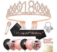 18 Ans Anniversaire Fille, Echarpe 18 ans et Couronne Anniversaire,Cadeau 18 Ans Fille,Couronne Diademe en Cristal Or Rose Echarpe Anniversaire Confetti Ballons Cake Toppers Deco Anniversaire 18 Ans