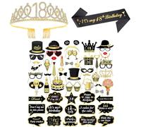 18 Ans Couronne Echarpe et Photobooth,Or Noir Selfie Props Kit 18 Birthday Photo Props Fournitures Cristal de Tiare DIY Photo Booth Accessoires Decoration Cadeau pour Fêtes d'anniversaire Femme Fille