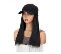 18 inch Baseball Cap Wig Long Straight Hair Extensions with Black Hat Heat Resistant Synthetic Fiber Hairpieces Adjustable Wigs for Women Hair Extensions Pièces Wigs(Natural Black)