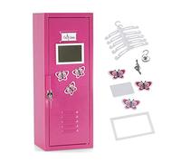 18 Inch Doll Furniture| Bright Pink Doll School Locker Storage Wardrobe with Lock and Key, Clothes Hangers, Magnetized Mirror, Butterfly Magnets and Name Card |Fits American Girl Dolls by Emily Rose Doll Clothes