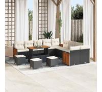 18-Piece Modular Garden Sofa Set, Outdoor Patio Furniture in Black & Cream, UV-Resistant Poly Rattan with Acacia Wood Frame, Washable Cushions, Includes Sectionals, Ottomans & Coffee Table